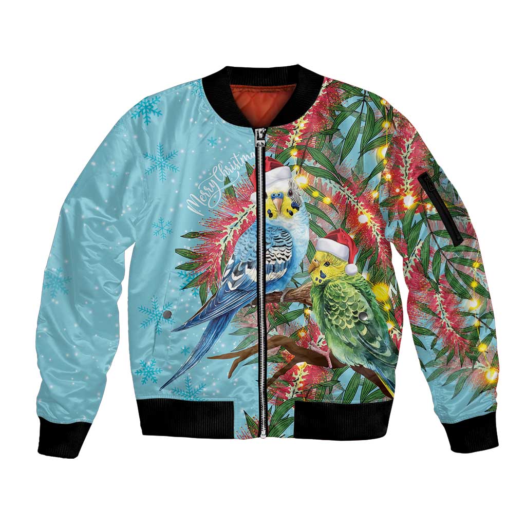 Blue Budgies on Callistemon Sleeve Zip Bomber Jacket Merry Christmas Aussie - Aussie Hoodie