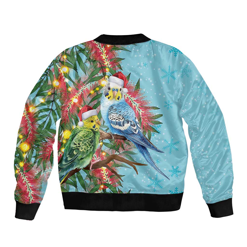 Blue Budgies on Callistemon Sleeve Zip Bomber Jacket Merry Christmas Aussie - Aussie Hoodie
