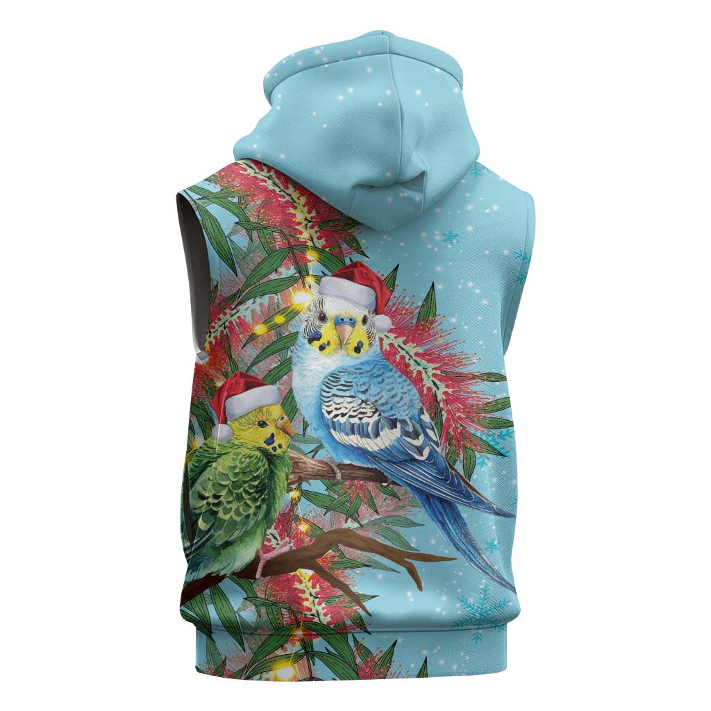 Blue Budgies on Callistemon Sleeveless Hoodie Merry Christmas Aussie - Aussie Hoodie
