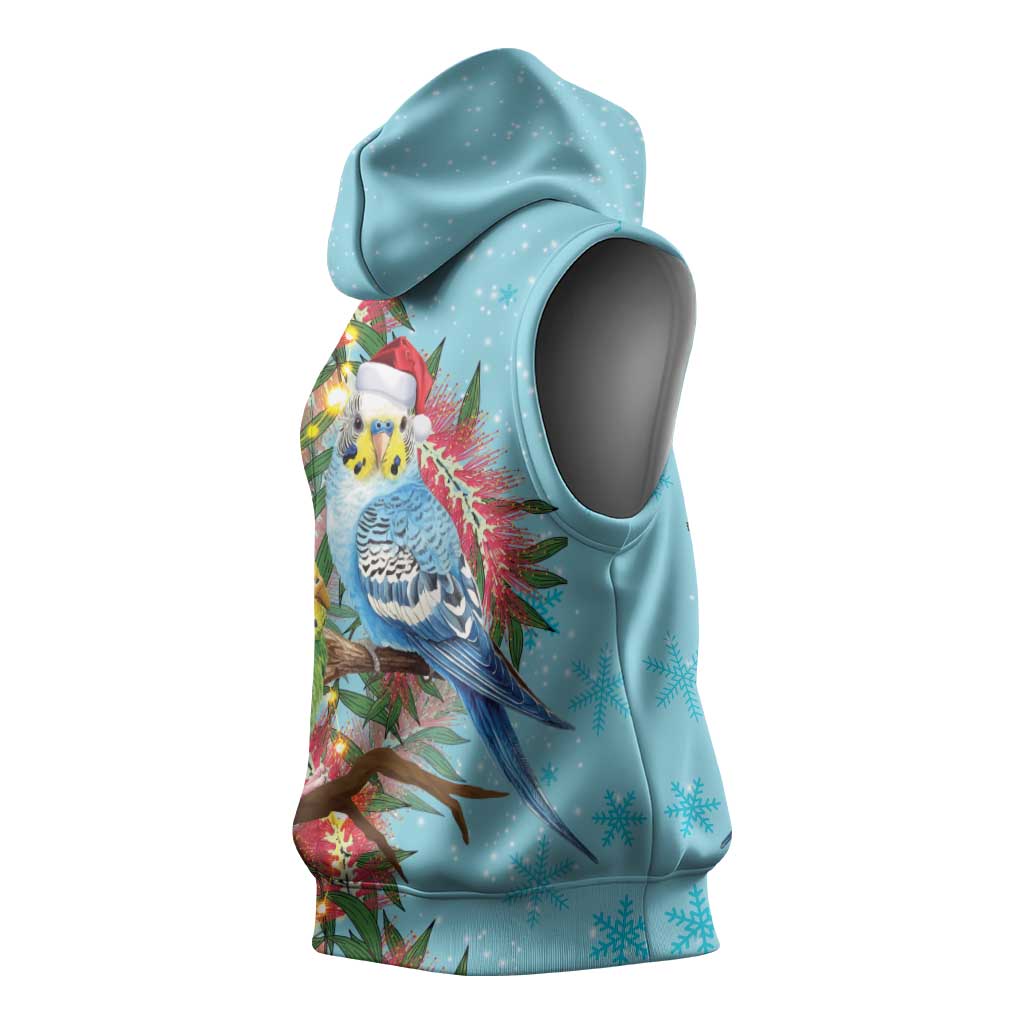 Blue Budgies on Callistemon Sleeveless Hoodie Merry Christmas Aussie - Aussie Hoodie