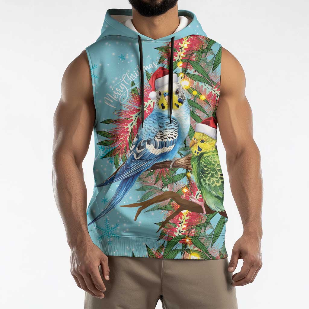 Blue Budgies on Callistemon Sleeveless Hoodie Merry Christmas Aussie - Aussie Hoodie