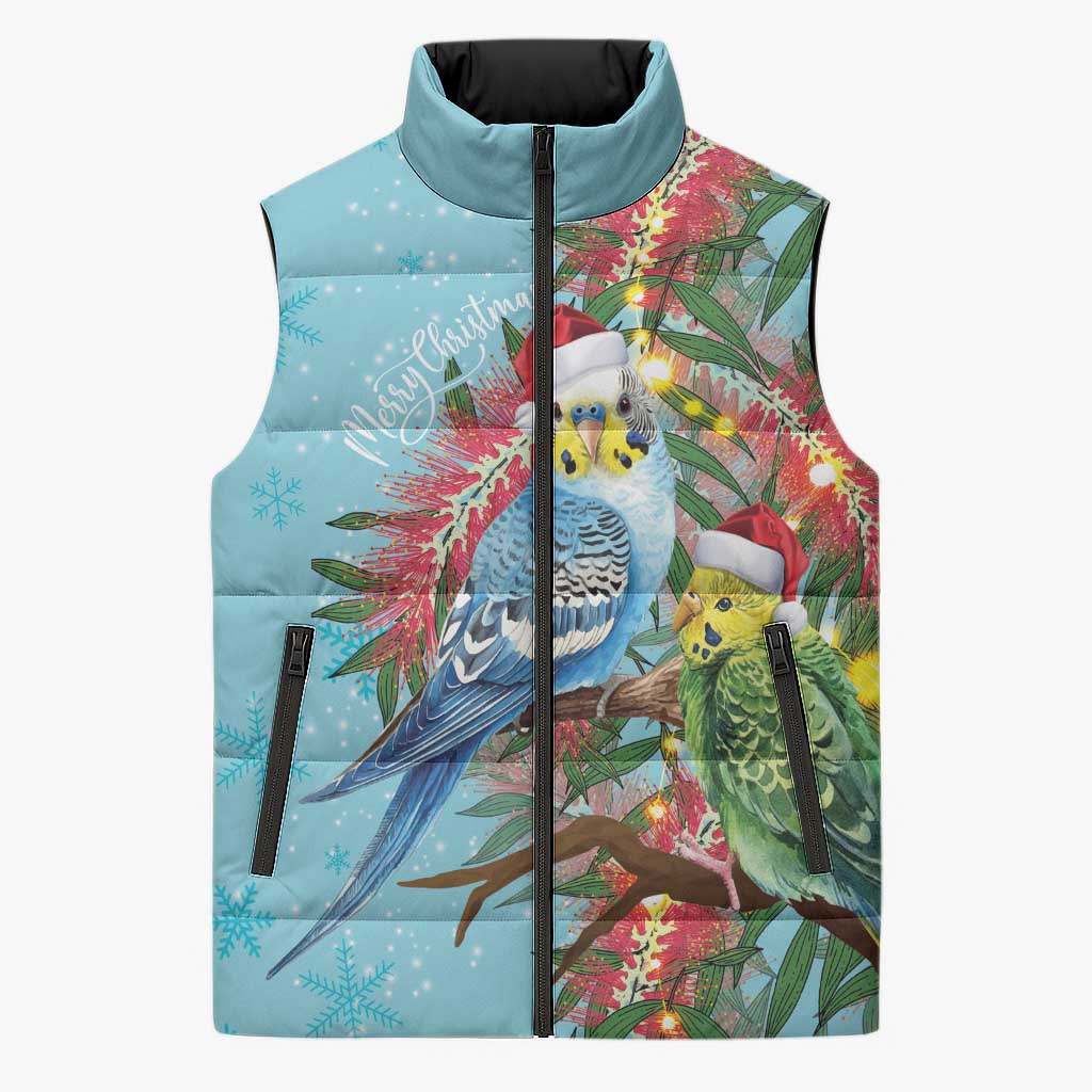 Blue Budgies on Callistemon Sleeveless Puffer Jacket Merry Christmas Aussie - Aussie Hoodie