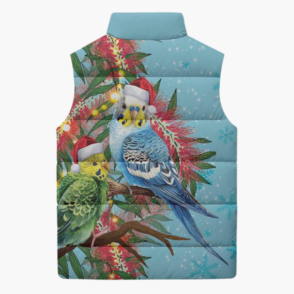 Blue Budgies on Callistemon Sleeveless Puffer Jacket Merry Christmas Aussie - Aussie Hoodie