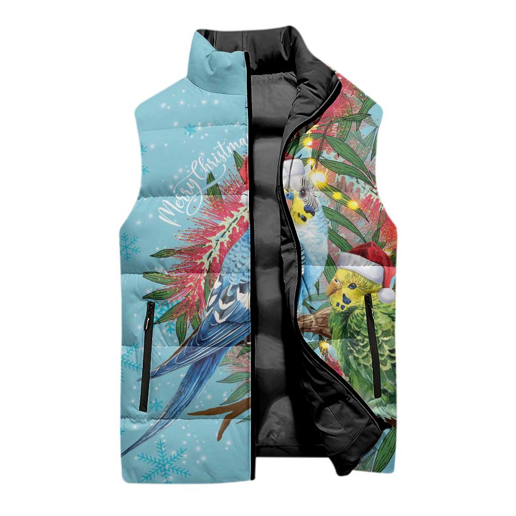 Blue Budgies on Callistemon Sleeveless Puffer Jacket Merry Christmas Aussie - Aussie Hoodie
