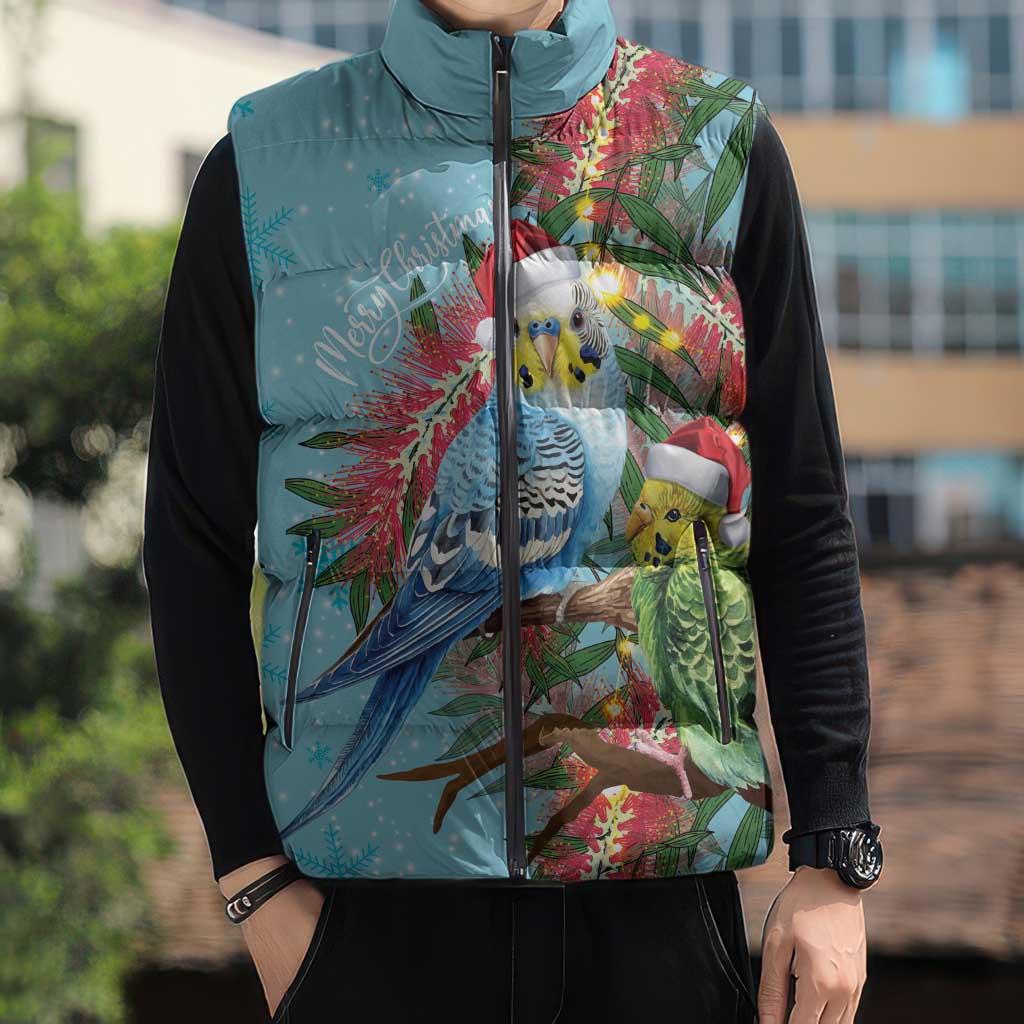 Blue Budgies on Callistemon Sleeveless Puffer Jacket Merry Christmas Aussie - Aussie Hoodie