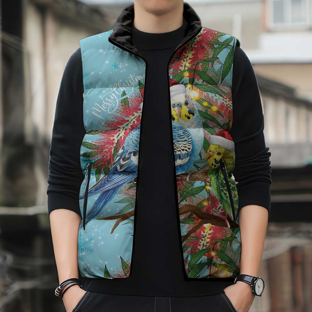 Blue Budgies on Callistemon Sleeveless Puffer Jacket Merry Christmas Aussie - Aussie Hoodie