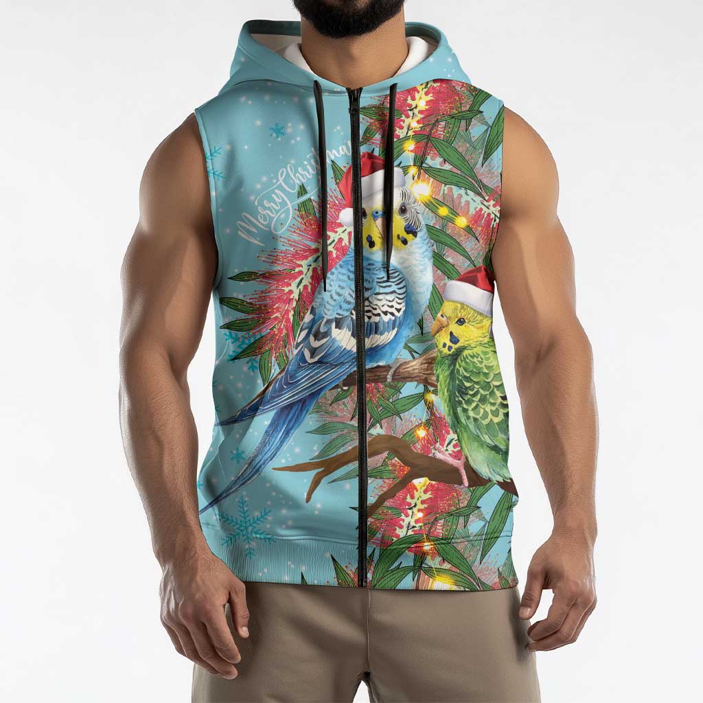 Blue Budgies on Callistemon Sleeveless Zip Hoodie Merry Christmas Aussie LT7