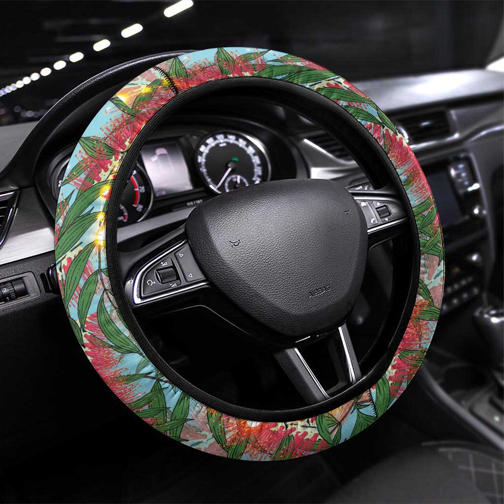 Blue Budgies on Callistemon Steering Wheel Cover Merry Christmas Aussie - Aussie Hoodie