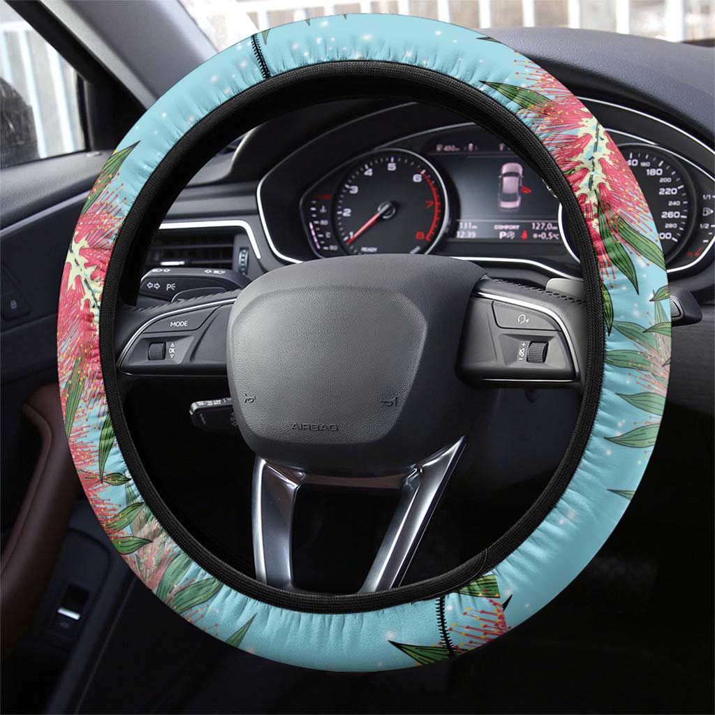 Blue Budgies on Callistemon Steering Wheel Cover Merry Christmas Aussie - Aussie Hoodie