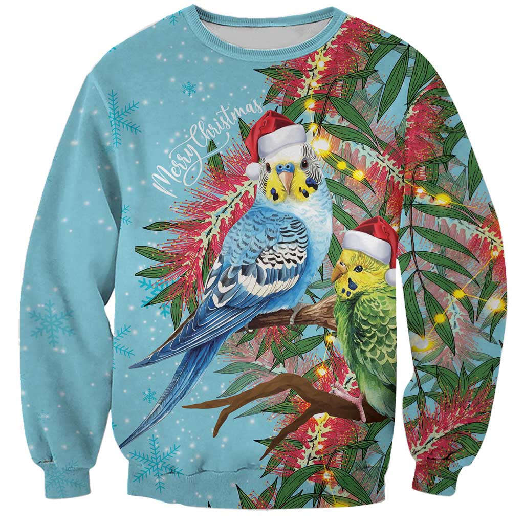 Blue Budgies on Callistemon Sweatshirt Merry Christmas Aussie - Aussie Hoodie