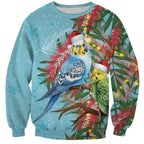 Blue Budgies on Callistemon Sweatshirt Merry Christmas Aussie - Aussie Hoodie