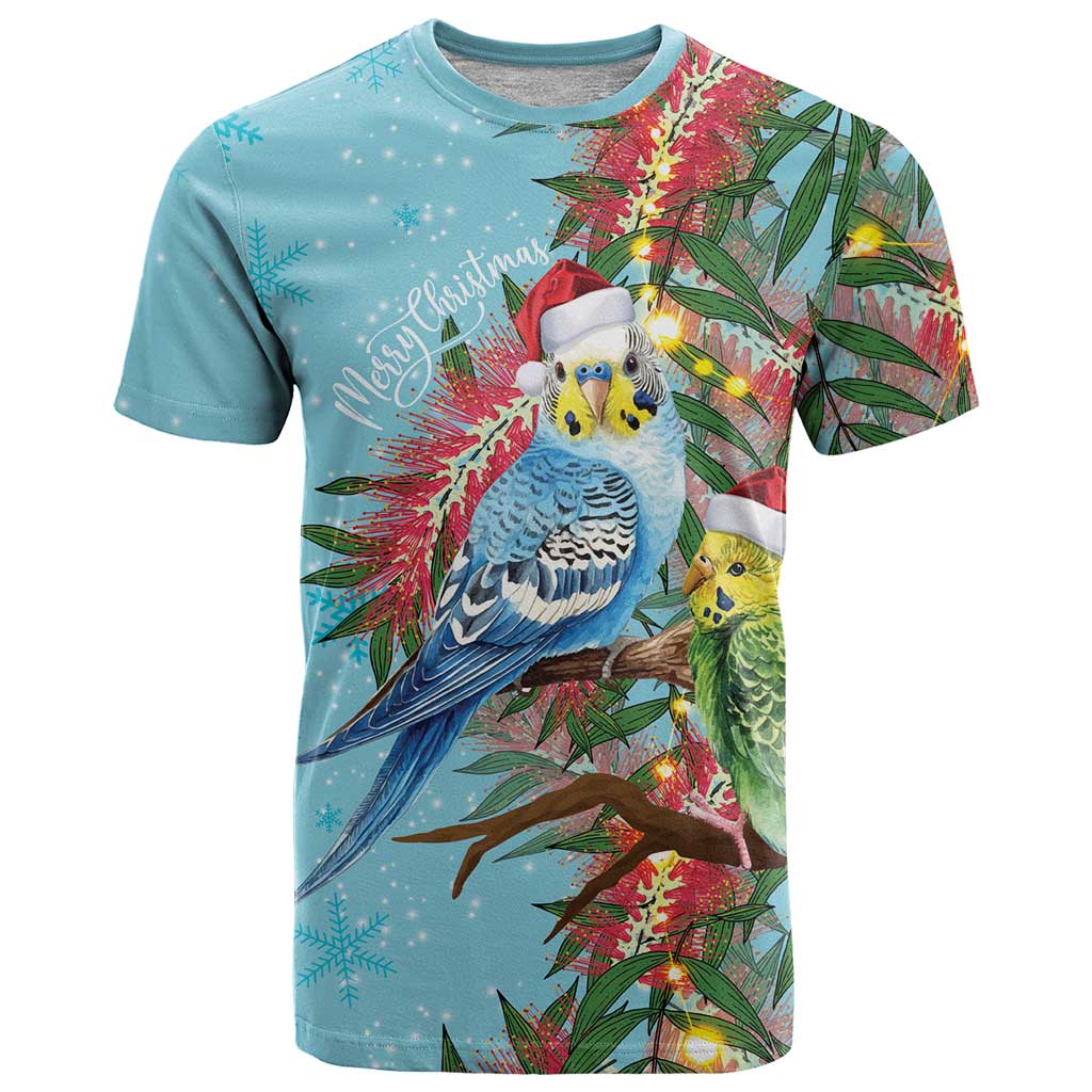 Blue Budgies on Callistemon T Shirt Merry Christmas Aussie - Aussie Hoodie