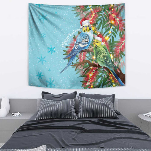 Blue Budgies on Callistemon Tapestry Merry Christmas Aussie - Aussie Hoodie