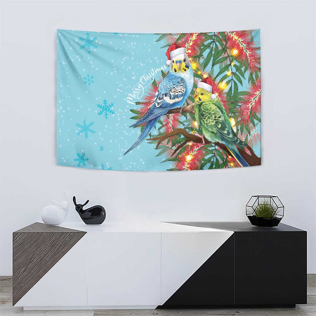 Blue Budgies on Callistemon Tapestry Merry Christmas Aussie - Aussie Hoodie