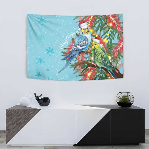 Blue Budgies on Callistemon Tapestry Merry Christmas Aussie - Aussie Hoodie