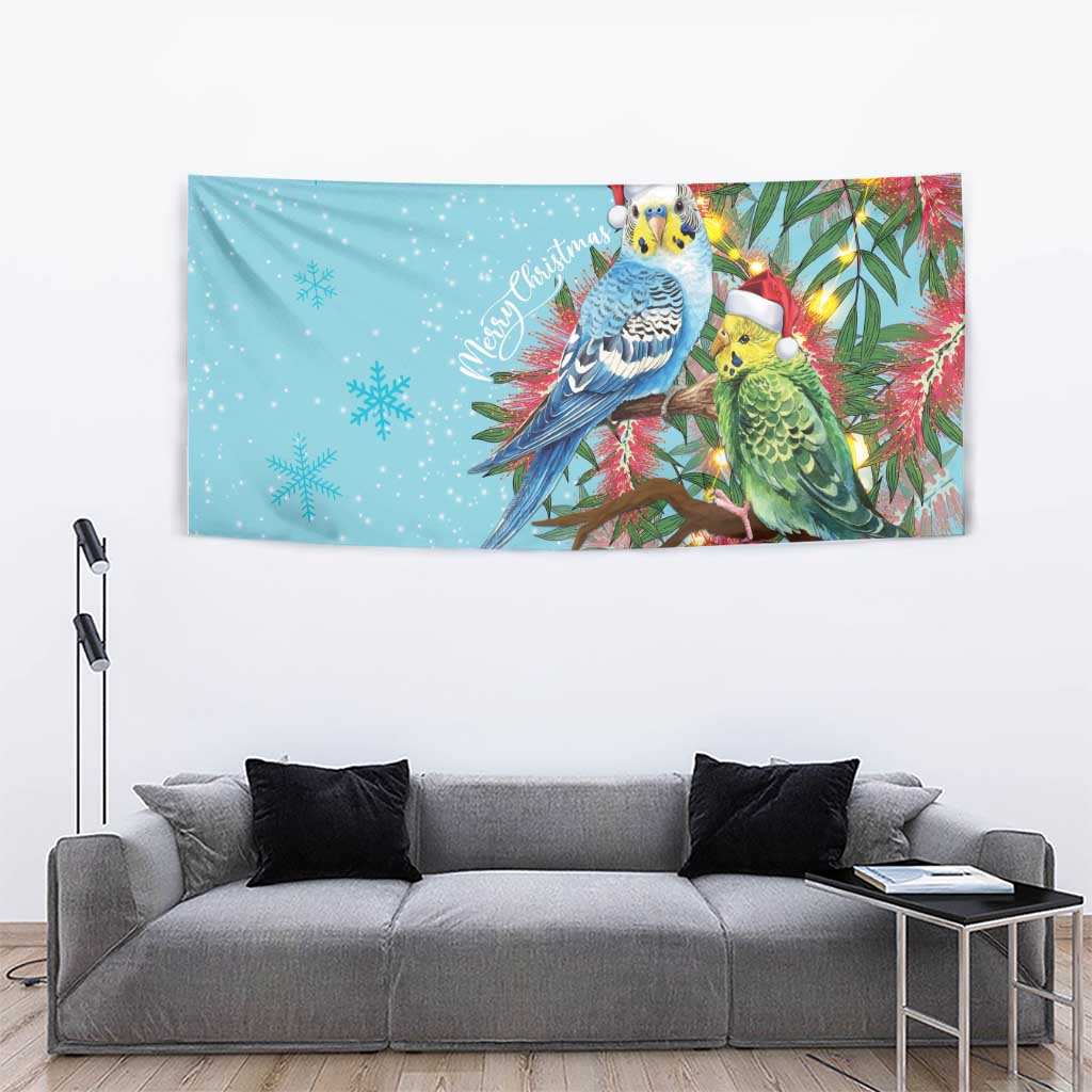 Blue Budgies on Callistemon Tapestry Merry Christmas Aussie - Aussie Hoodie