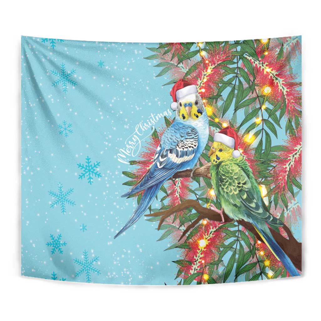 Blue Budgies on Callistemon Tapestry Merry Christmas Aussie - Aussie Hoodie