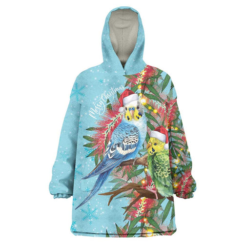 Blue Budgies on Callistemon Wearable Blanket Hoodie Merry Christmas Aussie - Aussie Hoodie