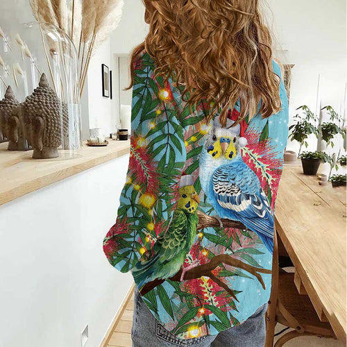 Blue Budgies on Callistemon Women Casual Shirt Merry Christmas Aussie - Aussie Hoodie