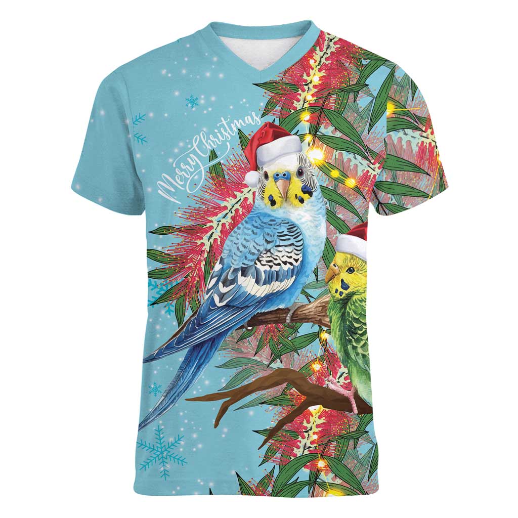 Blue Budgies on Callistemon Women V-Neck T-Shirt Merry Christmas Aussie - Aussie Hoodie