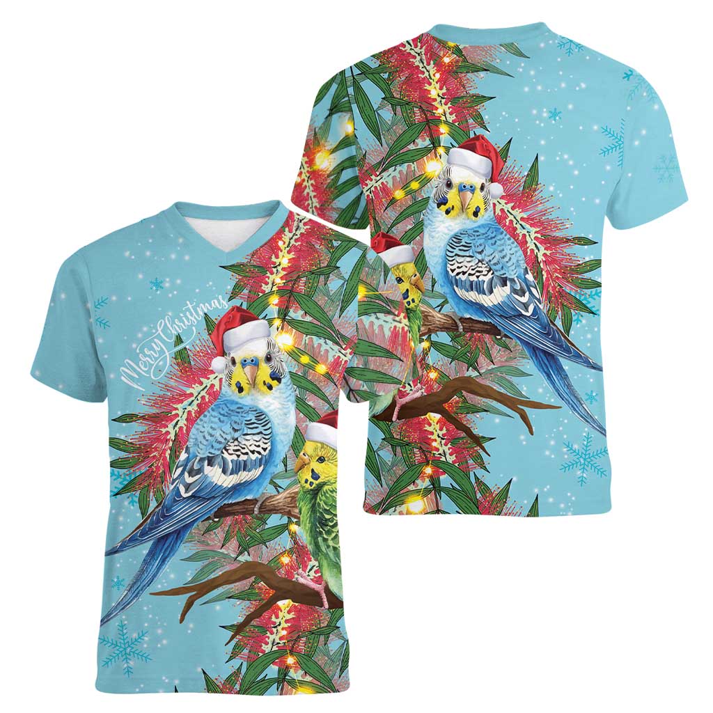 Blue Budgies on Callistemon Women V-Neck T-Shirt Merry Christmas Aussie - Aussie Hoodie