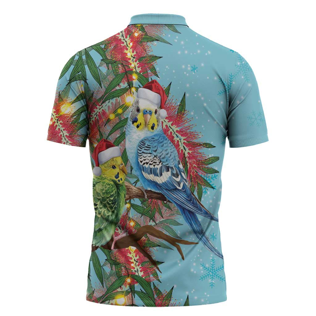 Blue Budgies on Callistemon Zipper Polo Shirt Merry Christmas Aussie - Aussie Hoodie