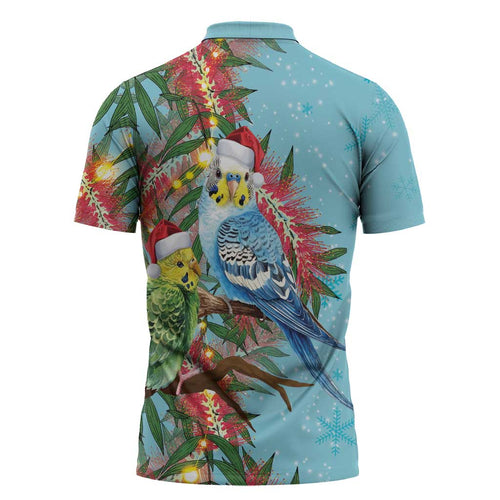 Blue Budgies on Callistemon Zipper Polo Shirt Merry Christmas Aussie - Aussie Hoodie