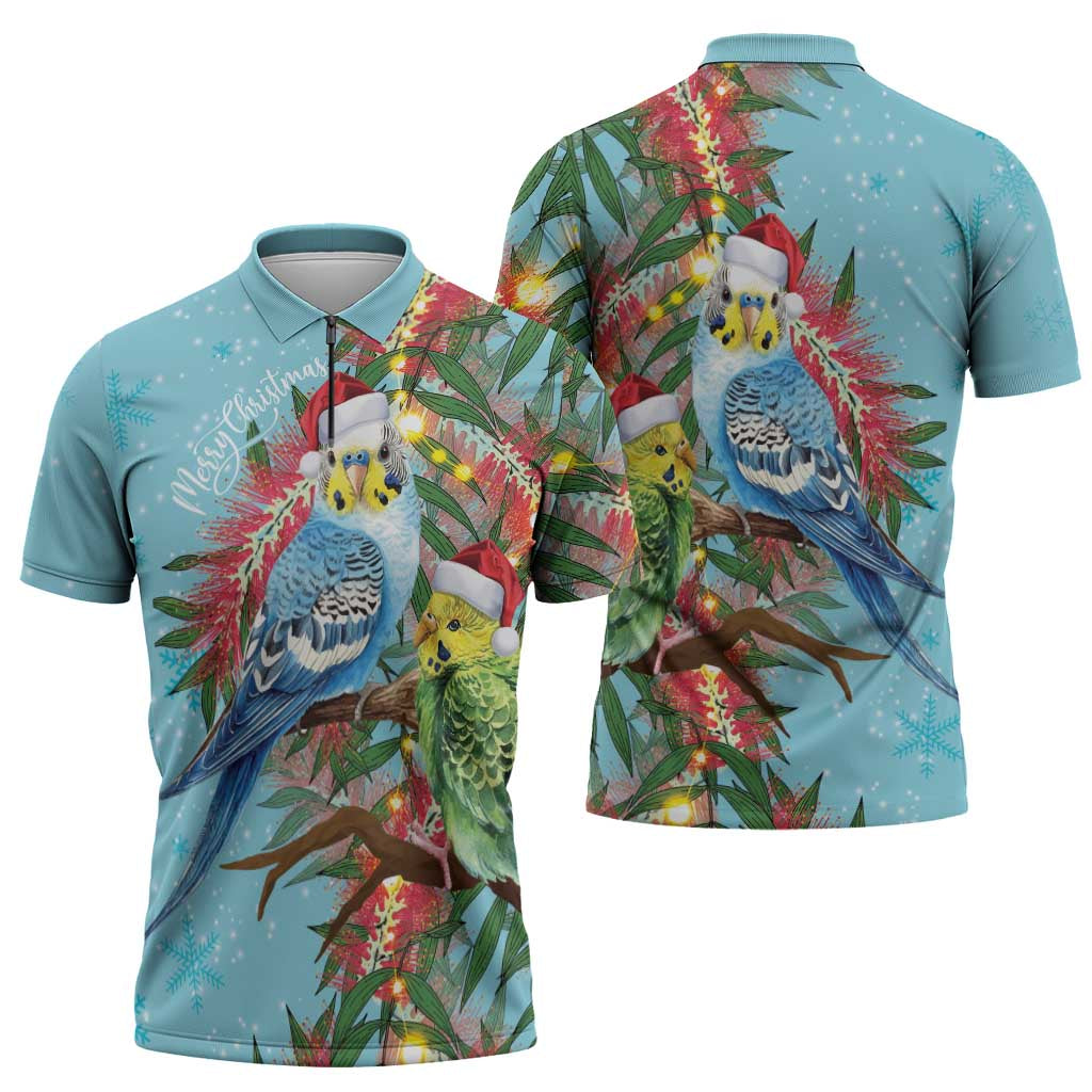 Blue Budgies on Callistemon Zipper Polo Shirt Merry Christmas Aussie - Aussie Hoodie