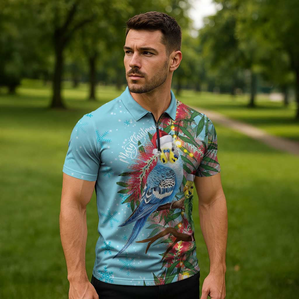 Blue Budgies on Callistemon Zipper Polo Shirt Merry Christmas Aussie - Aussie Hoodie