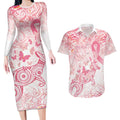 Australia Personalized Couples Matching Long Sleeve Bodycon Dress and Hawaiian Shirt Breast Cancer Pink Ribbon - Marble Roses