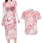 Australia Personalized Couples Matching Long Sleeve Bodycon Dress and Hawaiian Shirt Breast Cancer Pink Ribbon - Marble Roses