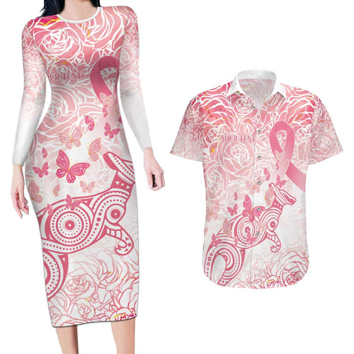 Australia Personalized Couples Matching Long Sleeve Bodycon Dress and Hawaiian Shirt Breast Cancer Pink Ribbon - Marble Roses