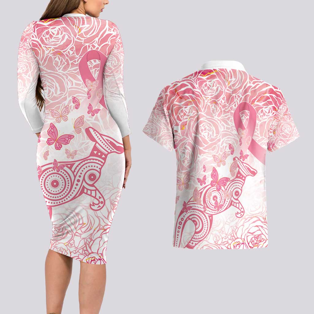 Australia Personalized Couples Matching Long Sleeve Bodycon Dress and Hawaiian Shirt Breast Cancer Pink Ribbon - Marble Roses