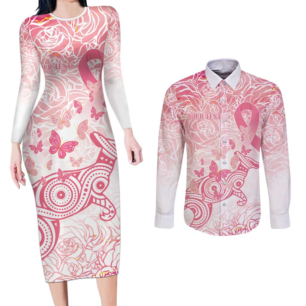 Australia Personalized Couples Matching Long Sleeve Bodycon Dress and Long Sleeve Button Shirt Breast Cancer Pink Ribbon - Marble Roses
