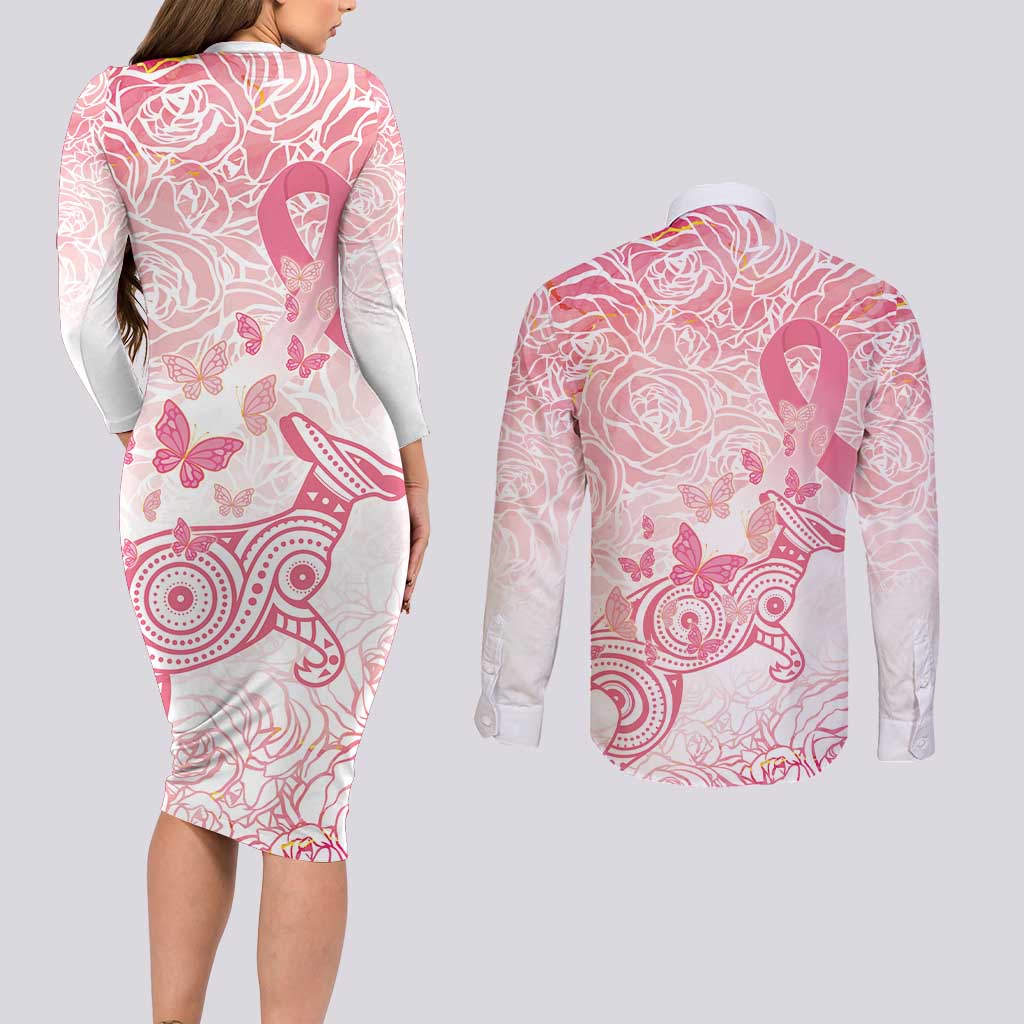 Australia Personalized Couples Matching Long Sleeve Bodycon Dress and Long Sleeve Button Shirt Breast Cancer Pink Ribbon - Marble Roses