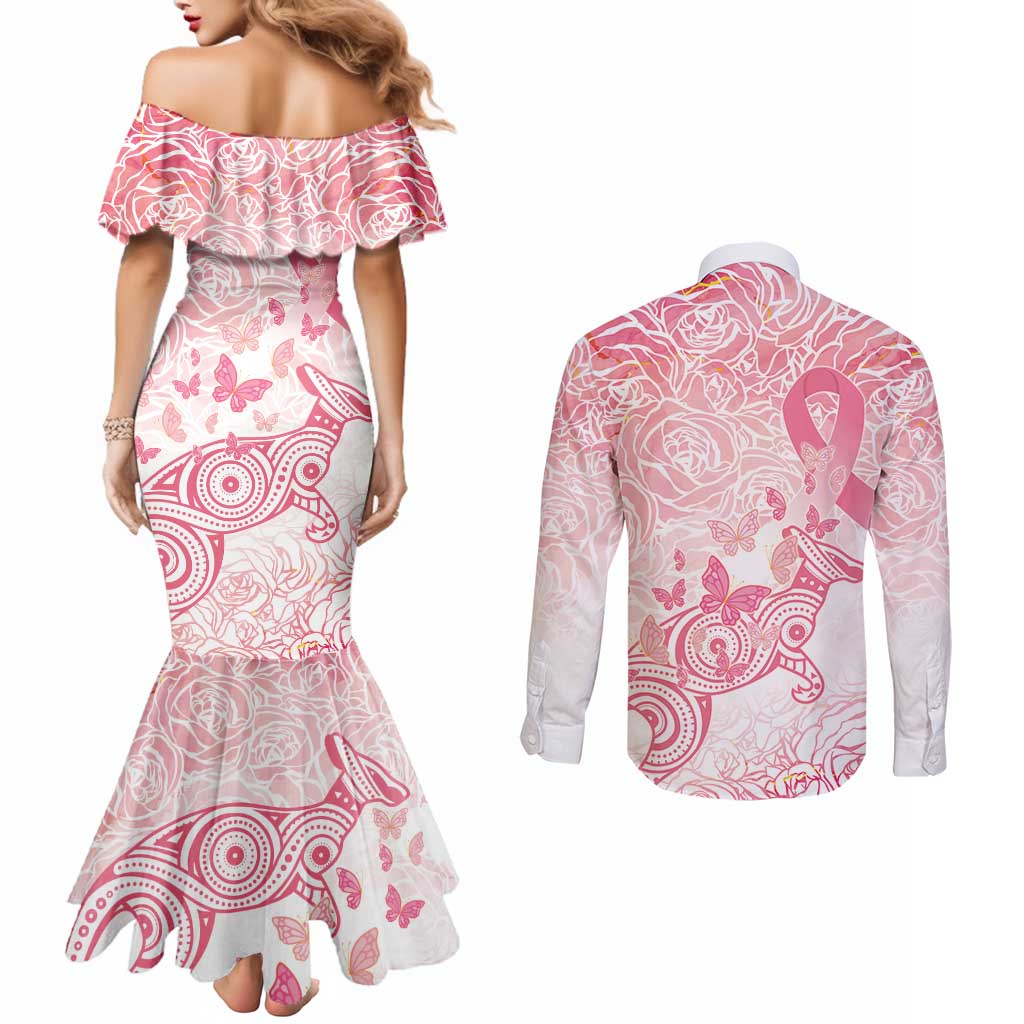 Australia Personalized Couples Matching Mermaid Dress and Long Sleeve Button Shirt Breast Cancer Pink Ribbon - Marble Roses