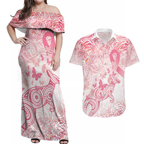 Australia Personalized Couples Matching Off Shoulder Maxi Dress and Hawaiian Shirt Breast Cancer Pink Ribbon - Marble Roses