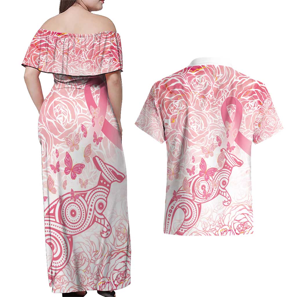 Australia Personalized Couples Matching Off Shoulder Maxi Dress and Hawaiian Shirt Breast Cancer Pink Ribbon - Marble Roses