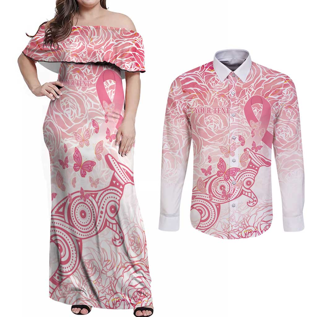 Australia Personalized Couples Matching Off Shoulder Maxi Dress and Long Sleeve Button Shirt Breast Cancer Pink Ribbon - Marble Roses