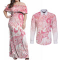 Australia Personalized Couples Matching Off Shoulder Maxi Dress and Long Sleeve Button Shirt Breast Cancer Pink Ribbon - Marble Roses