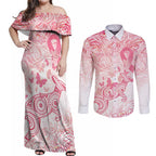 Australia Personalized Couples Matching Off Shoulder Maxi Dress and Long Sleeve Button Shirt Breast Cancer Pink Ribbon - Marble Roses