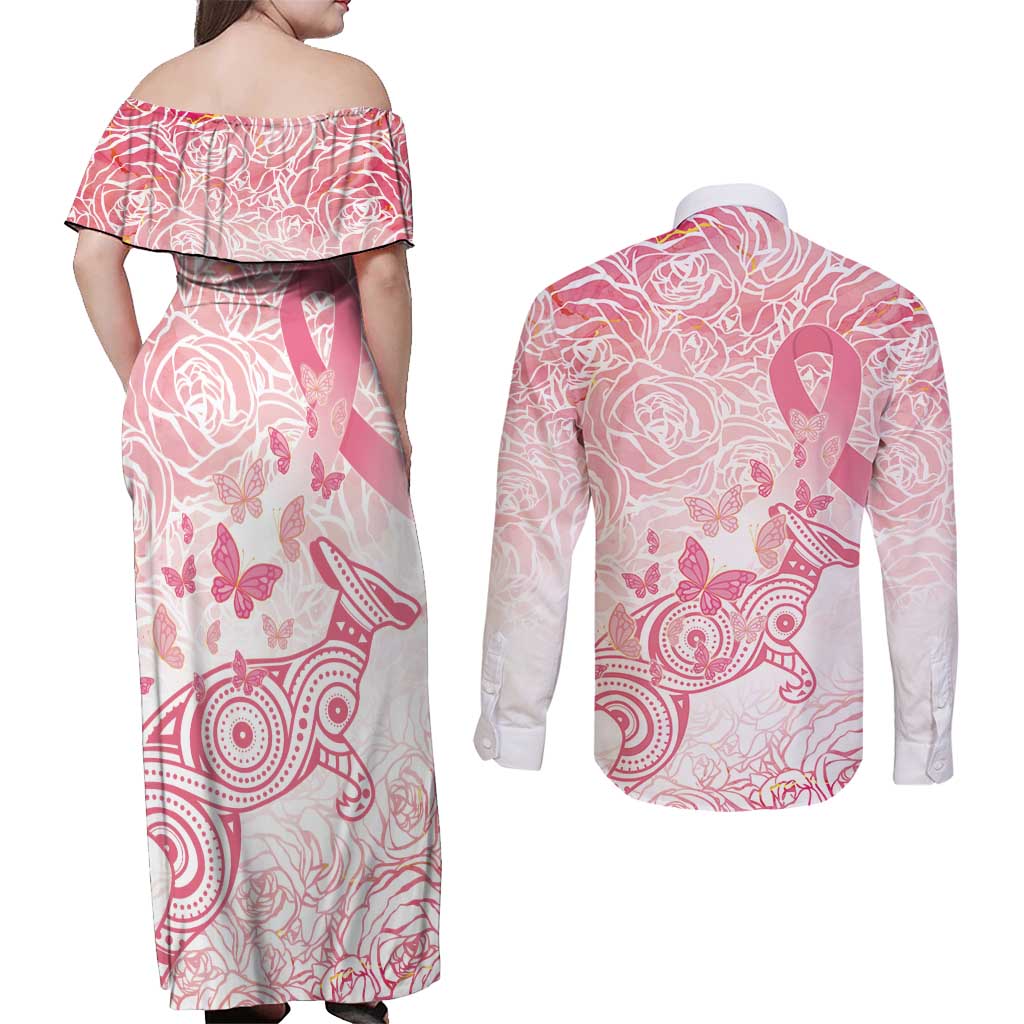 Australia Personalized Couples Matching Off Shoulder Maxi Dress and Long Sleeve Button Shirt Breast Cancer Pink Ribbon - Marble Roses
