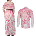 Australia Personalized Couples Matching Off Shoulder Maxi Dress and Long Sleeve Button Shirt Breast Cancer Pink Ribbon - Marble Roses