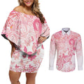 Australia Personalized Couples Matching Off Shoulder Short Dress and Long Sleeve Button Shirt Breast Cancer Pink Ribbon - Marble Roses