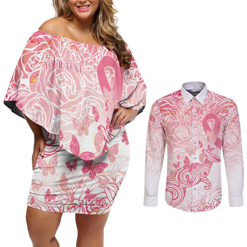 Australia Personalized Couples Matching Off Shoulder Short Dress and Long Sleeve Button Shirt Breast Cancer Pink Ribbon - Marble Roses