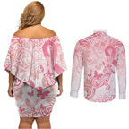 Australia Personalized Couples Matching Off Shoulder Short Dress and Long Sleeve Button Shirt Breast Cancer Pink Ribbon - Marble Roses
