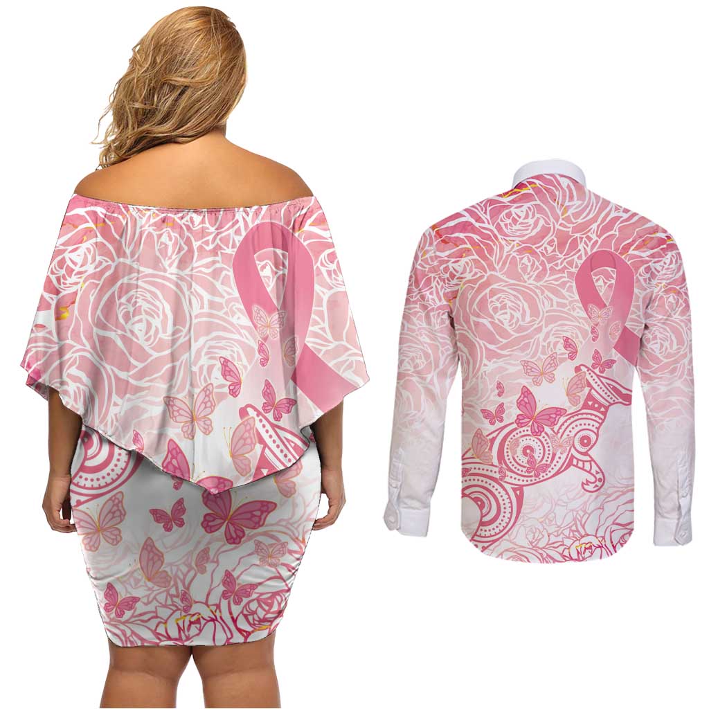 Australia Personalized Couples Matching Off Shoulder Short Dress and Long Sleeve Button Shirt Breast Cancer Pink Ribbon - Marble Roses