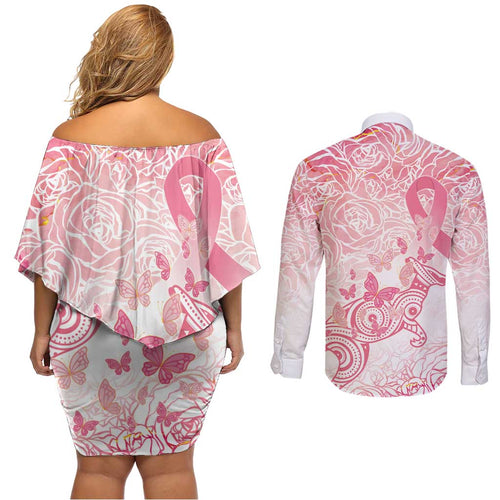 Australia Personalized Couples Matching Off Shoulder Short Dress and Long Sleeve Button Shirt Breast Cancer Pink Ribbon - Marble Roses
