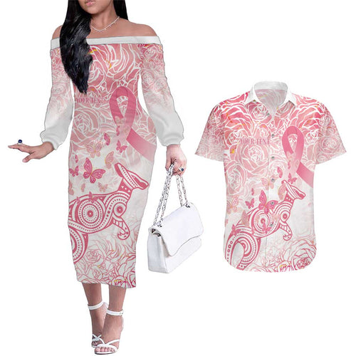 Australia Personalized Couples Matching Off The Shoulder Long Sleeve Dress and Hawaiian Shirt Breast Cancer Pink Ribbon - Marble Roses