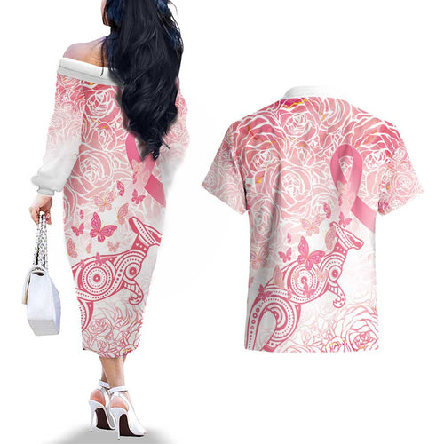 Australia Personalized Couples Matching Off The Shoulder Long Sleeve Dress and Hawaiian Shirt Breast Cancer Pink Ribbon - Marble Roses